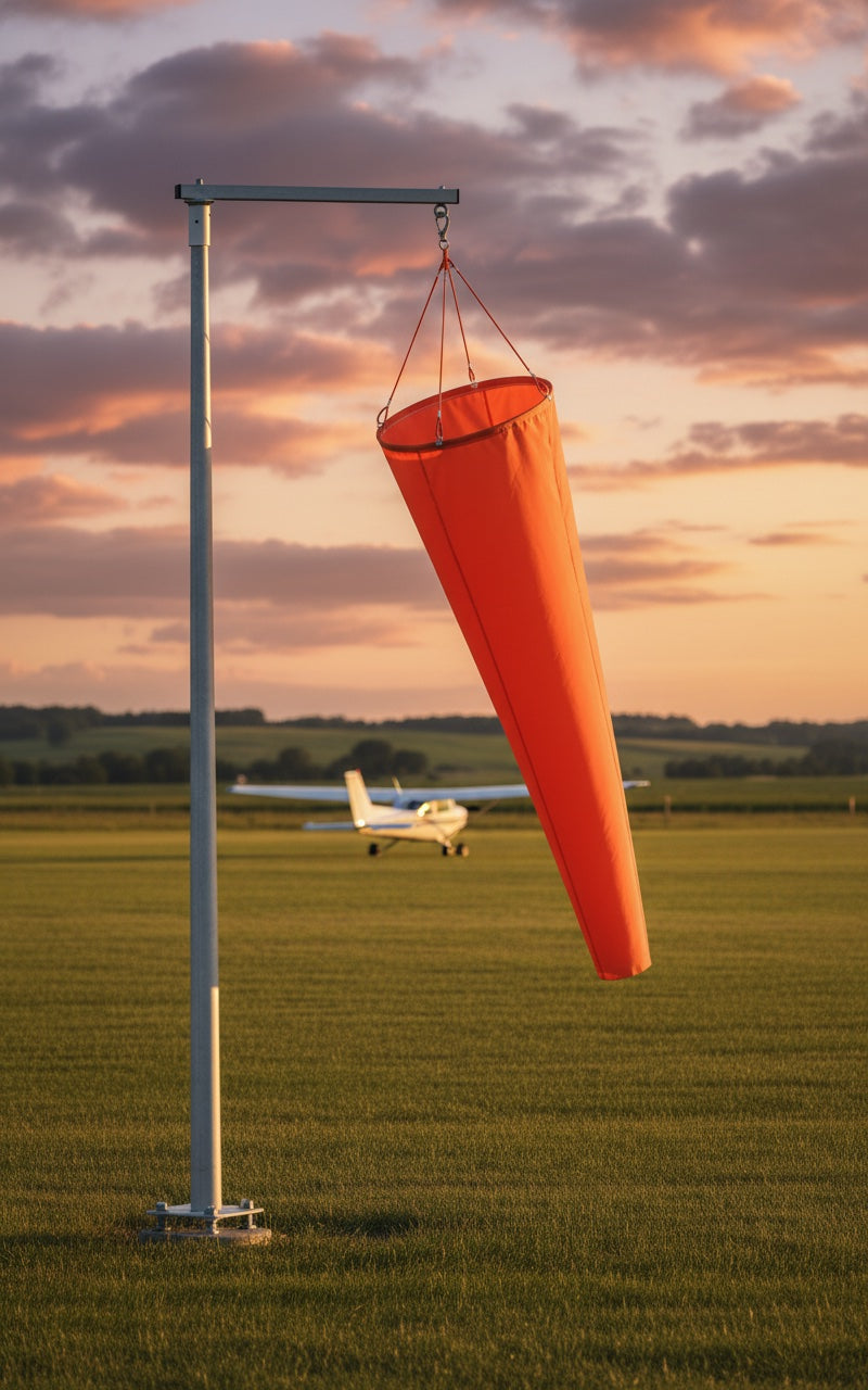 Falcon windsock at a licensed aerodrome streaming in crosswind beside a light aircraft at golden hour