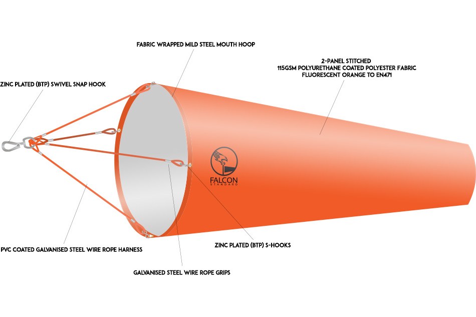 Annotated Falcon windsock diagram with labelled fabric, hem and harness components
