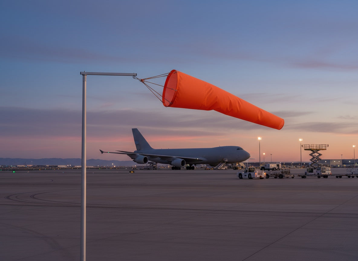 Falcon windsock on the apron at a commercial airport with a wide-body aircraft at dusk